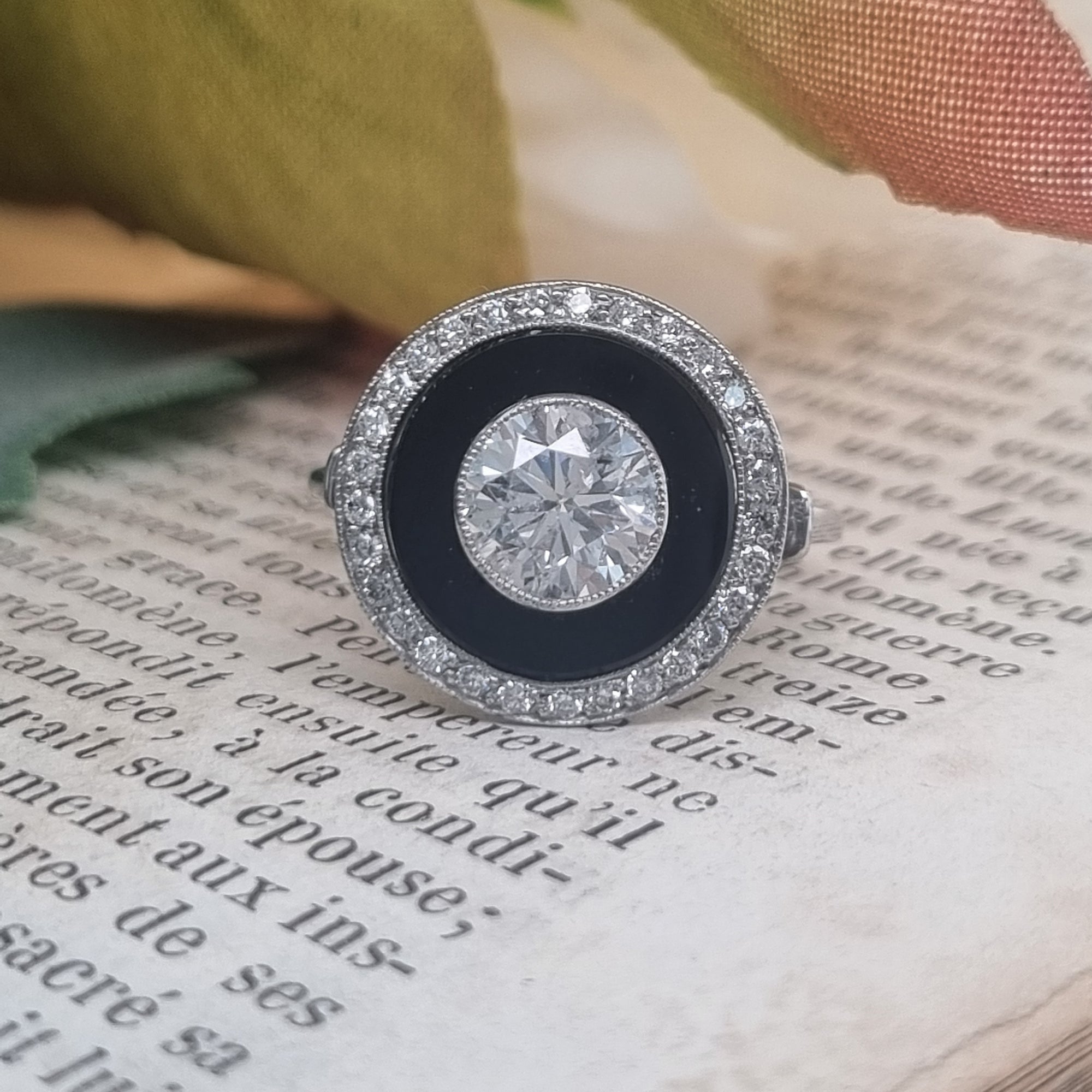 Art Deco 1ct Old Cut Diamond and Onyx Target Cluster Ring