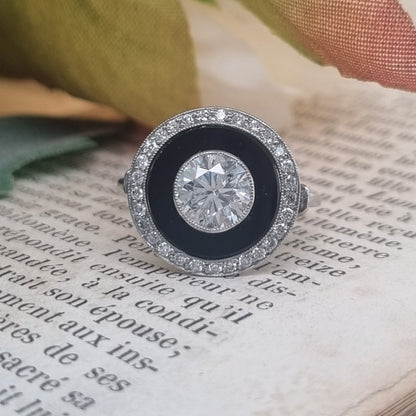 Art Deco 1ct Old Cut Diamond and Onyx Target Cluster Ring