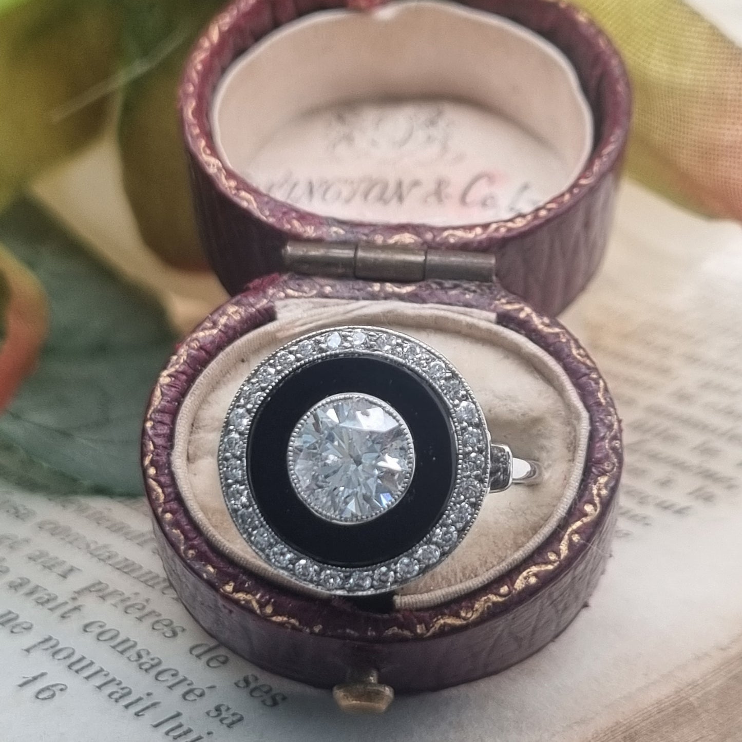 Art Deco 1ct Old Cut Diamond and Onyx Target Cluster Ring