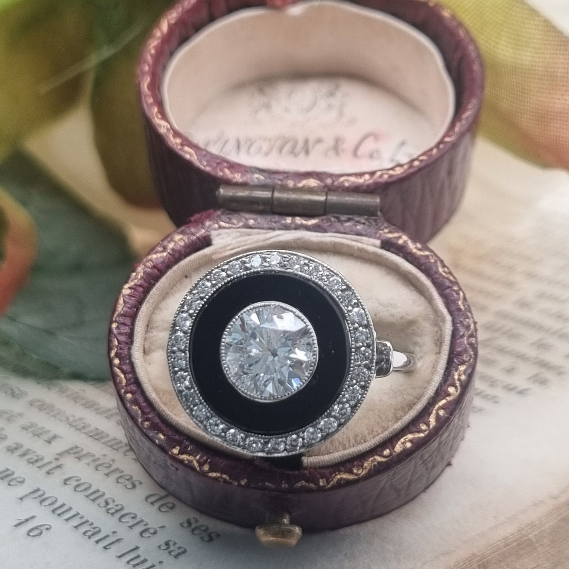 Art Deco 1ct Old Cut Diamond and Onyx Target Cluster Ring