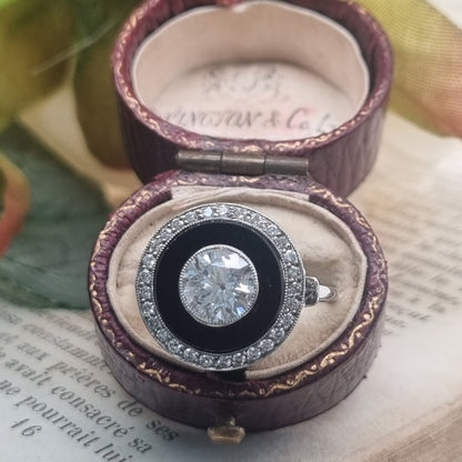 Art Deco 1ct Old Cut Diamond and Onyx Target Cluster Ring
