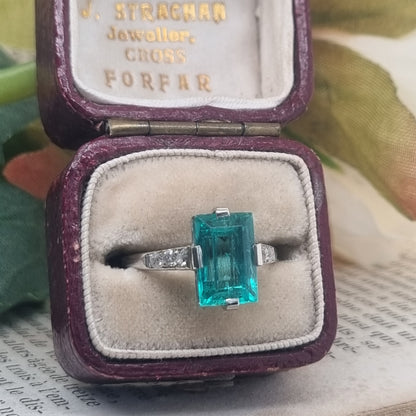 Art Deco 2.3ct Colombian Emerald Solitaire Engagement Ring, Diamond Shoulders, Platinum