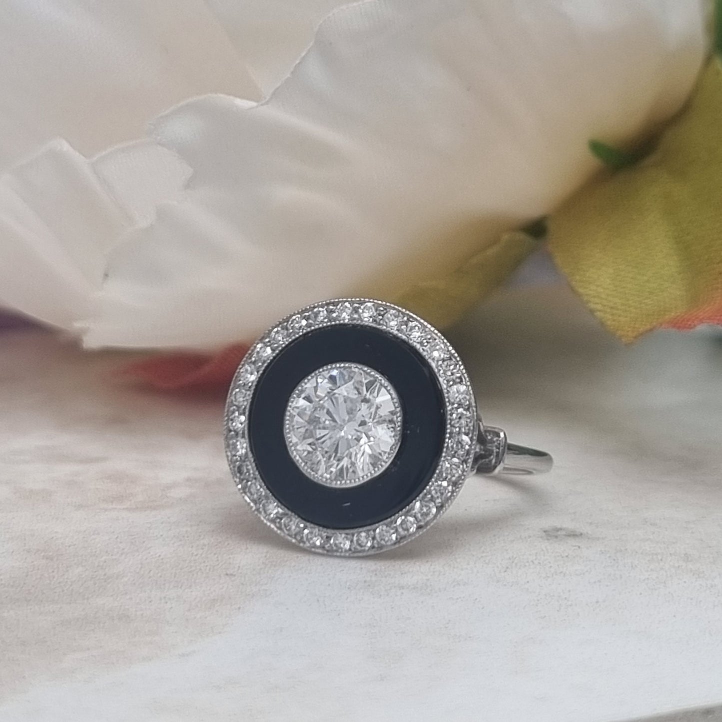 Art Deco 1ct Old Cut Diamond and Onyx Target Cluster Ring