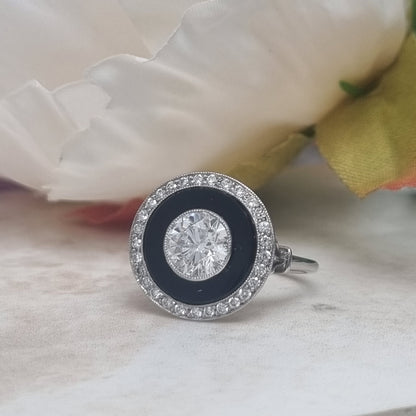 Art Deco 1ct Old Cut Diamond and Onyx Target Cluster Ring