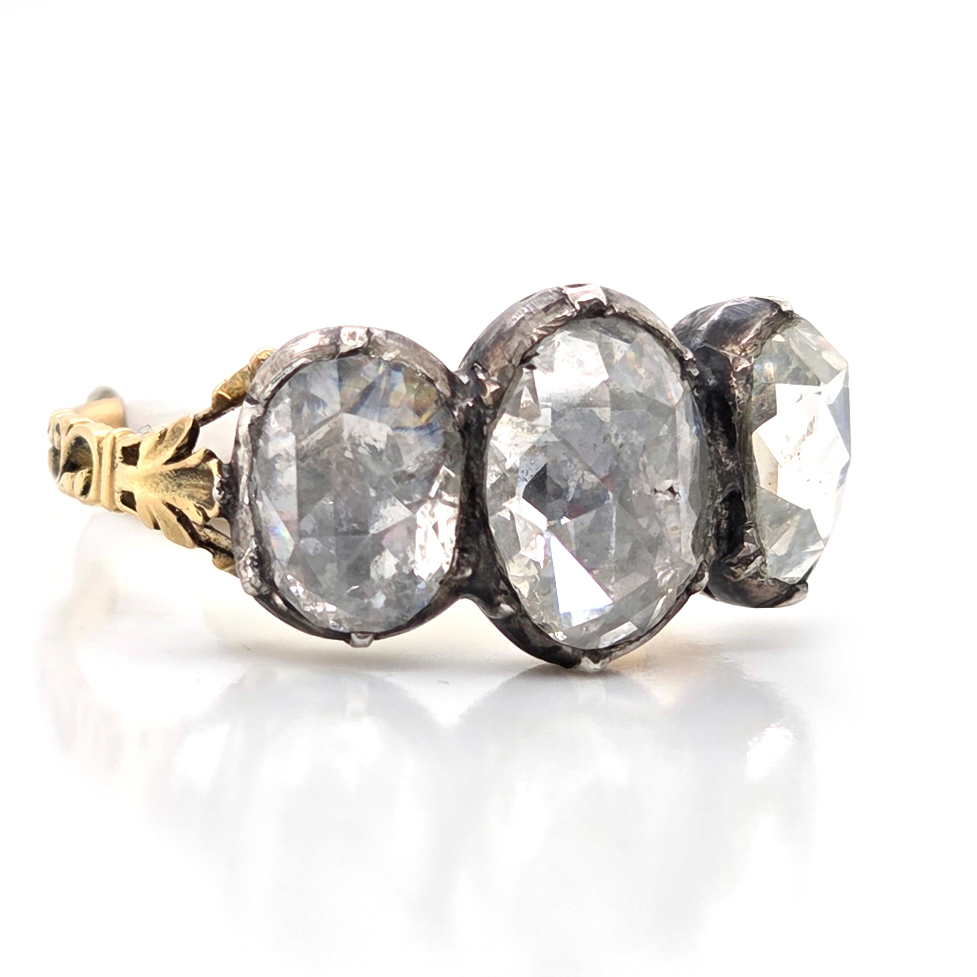 Antique Rose Cut Diamond Trilogy Ring in 18ct Gold and Silver