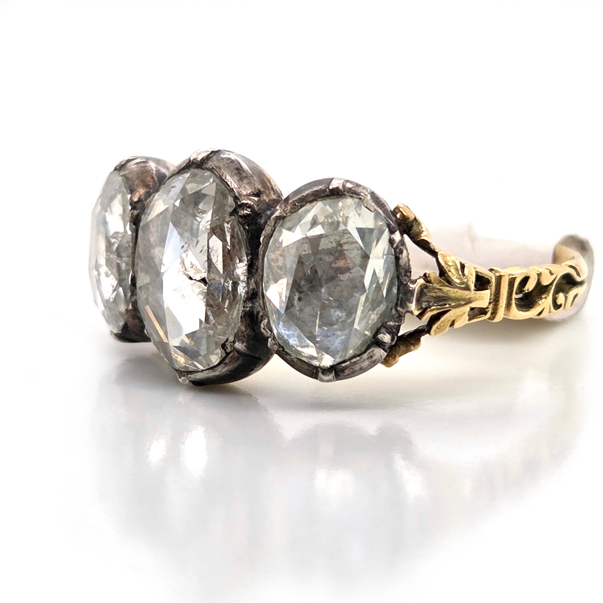 Antique Rose Cut Diamond Trilogy Ring in 18ct Gold and Silver