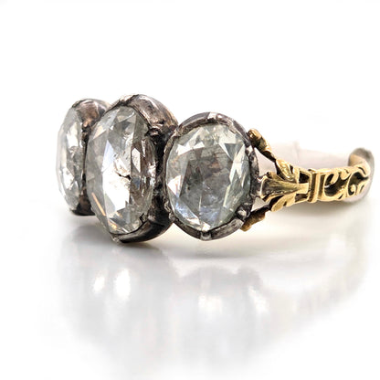 Antique Rose Cut Diamond Trilogy Ring in 18ct Gold and Silver