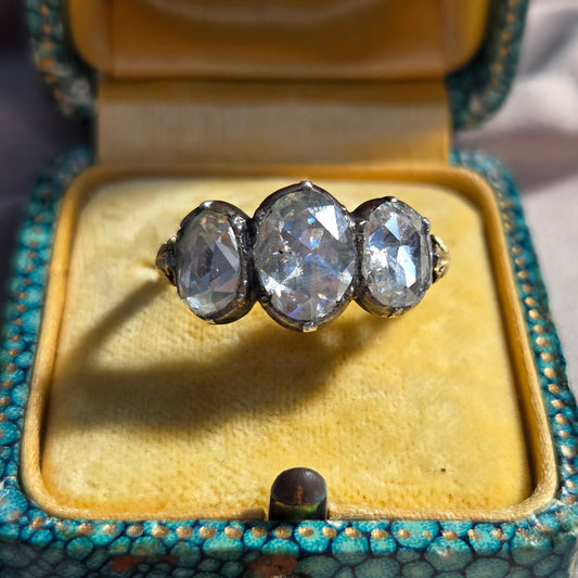 Antique Rose Cut Diamond Trilogy Ring in 18ct Gold and Silver