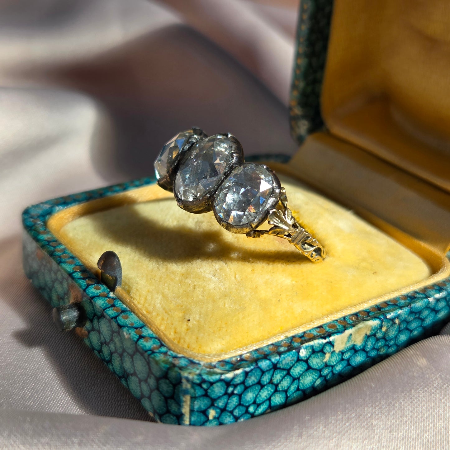 Antique Rose Cut Diamond Trilogy Ring in 18ct Gold and Silver