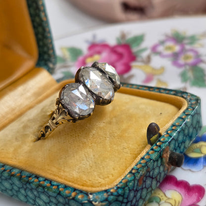 Antique Rose Cut Diamond Trilogy Ring in 18ct Gold and Silver