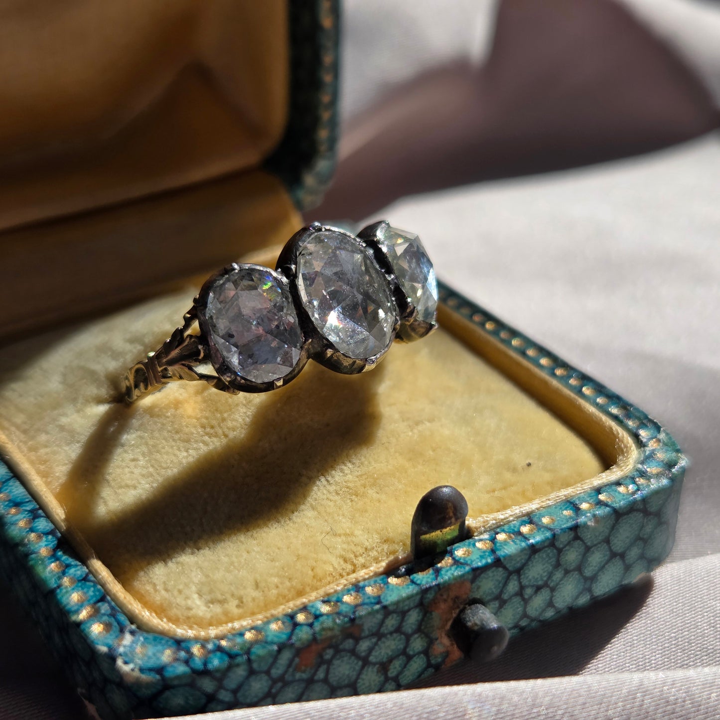 Antique Rose Cut Diamond Trilogy Ring in 18ct Gold and Silver