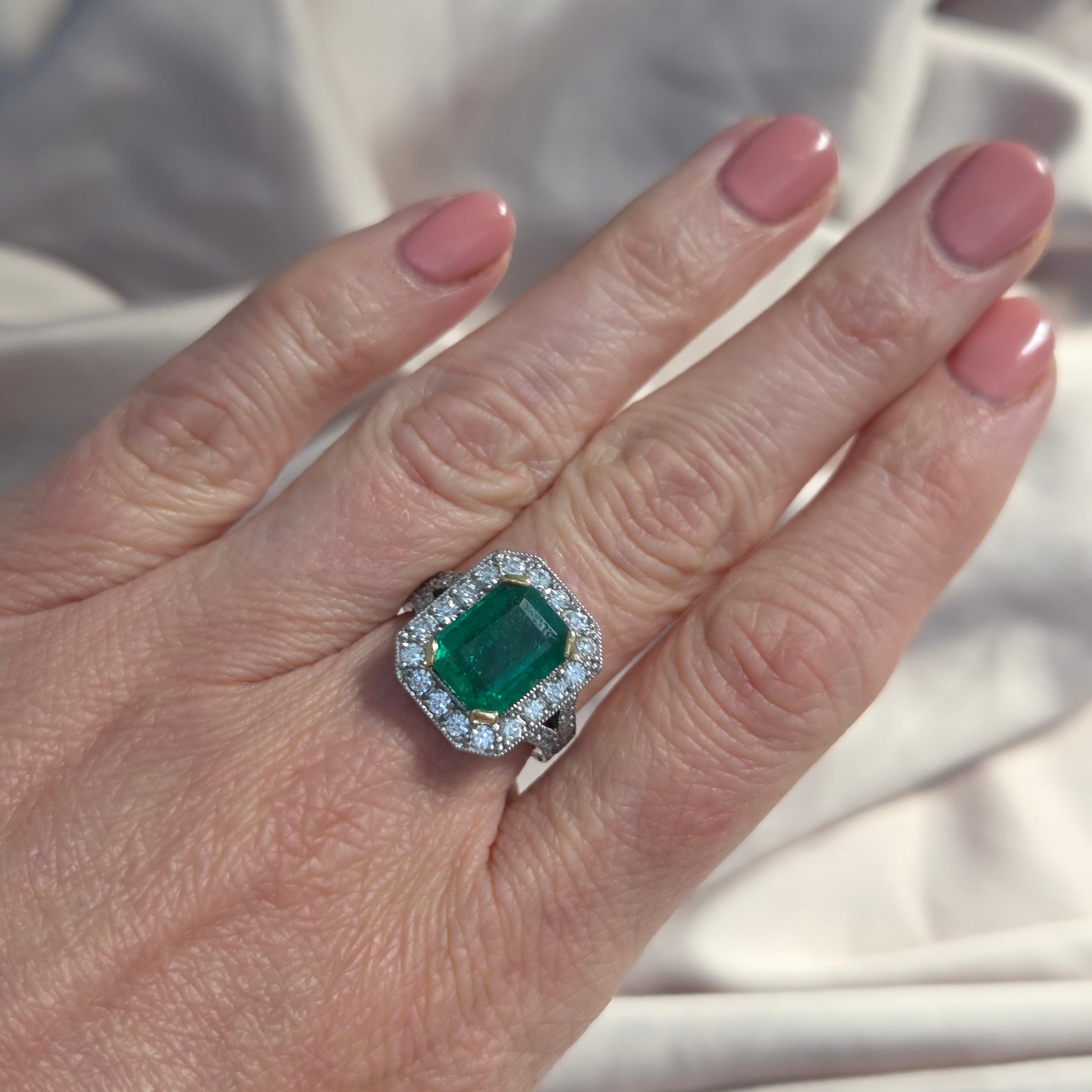 Vintage 3.50ct Colombian Emerald and Diamond Cluster Ring