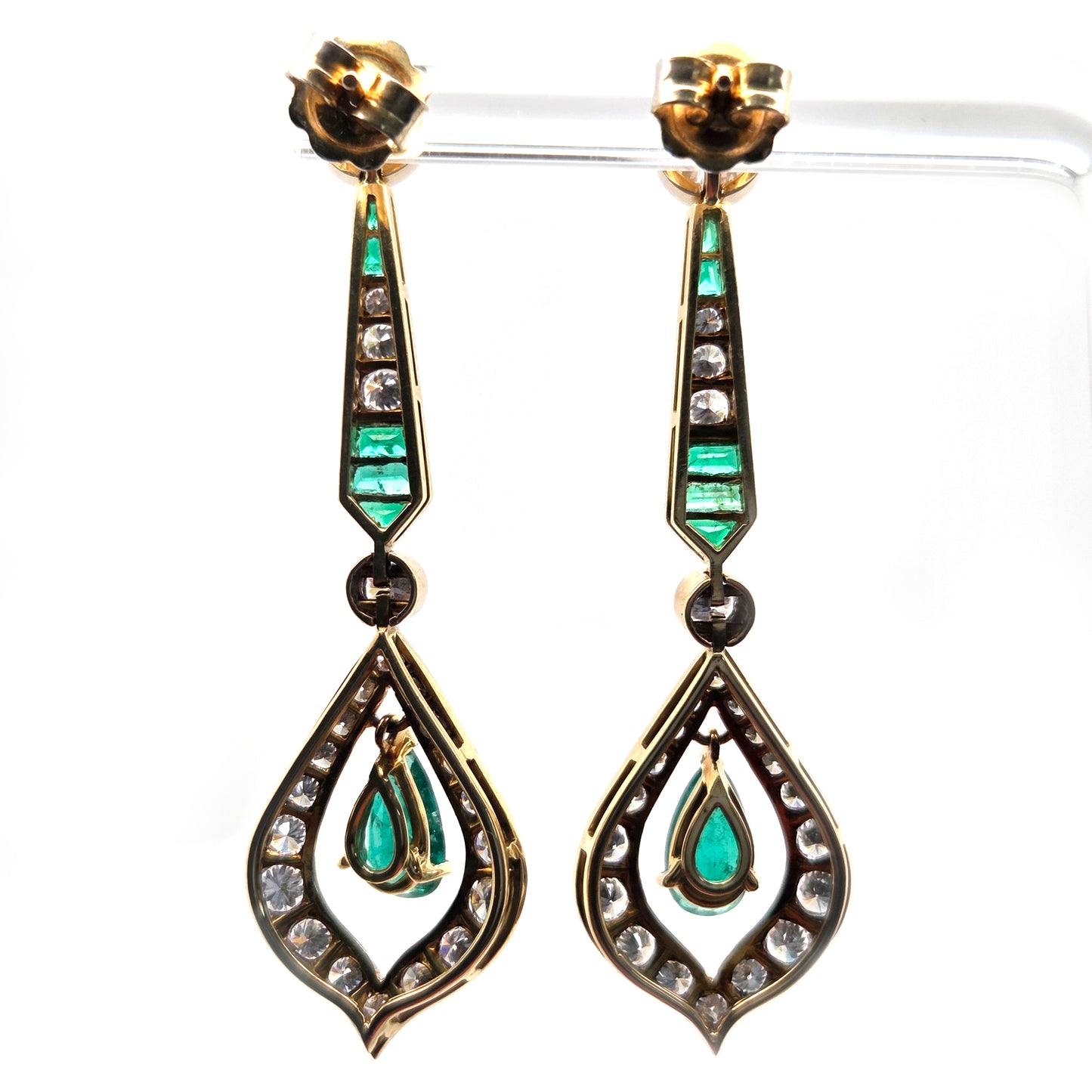 Vintage Pear Cut Emerald and 2cts Diamond Cluster Drop Earrings, Detachable Studs