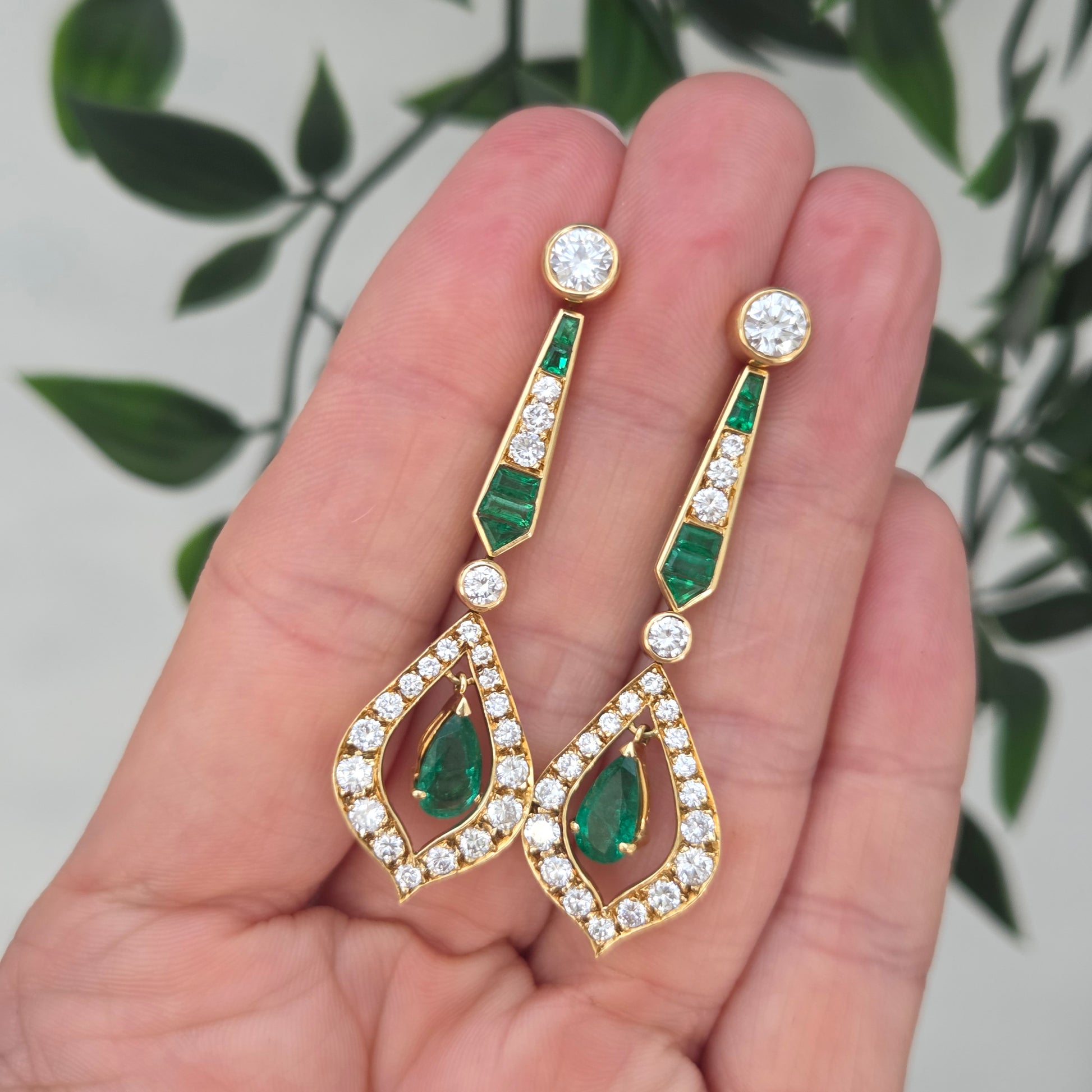 Vintage Pear Cut Emerald and 2cts Diamond Cluster Drop Earrings, Detachable Studs