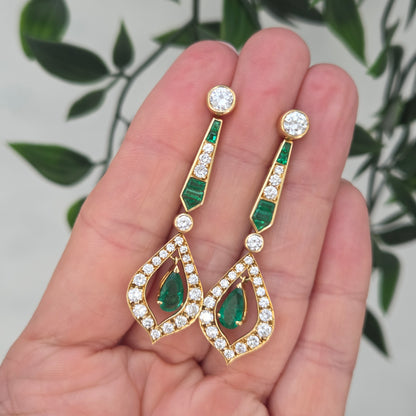 Vintage Pear Cut Emerald and 2cts Diamond Cluster Drop Earrings, Detachable Studs