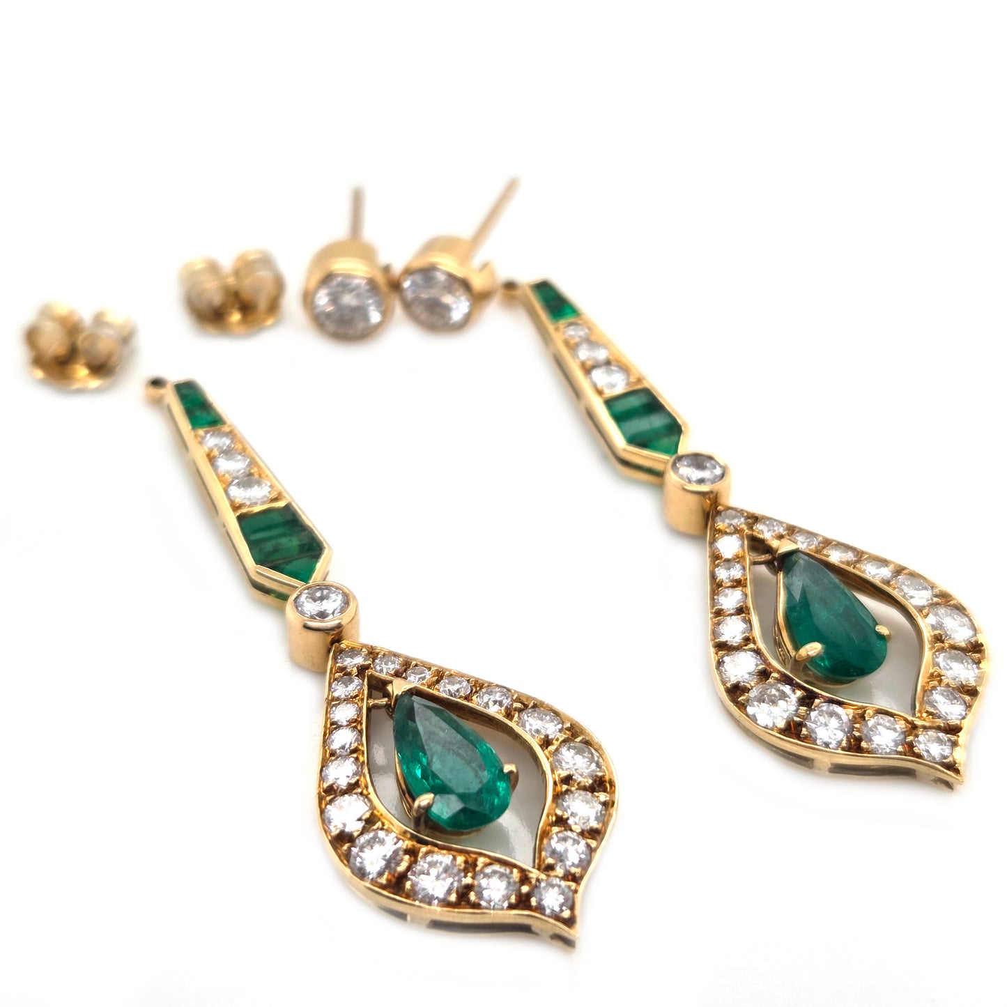Vintage Pear Cut Emerald and 2cts Diamond Cluster Drop Earrings, Detachable Studs