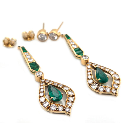 Vintage Pear Cut Emerald and 2cts Diamond Cluster Drop Earrings, Detachable Studs