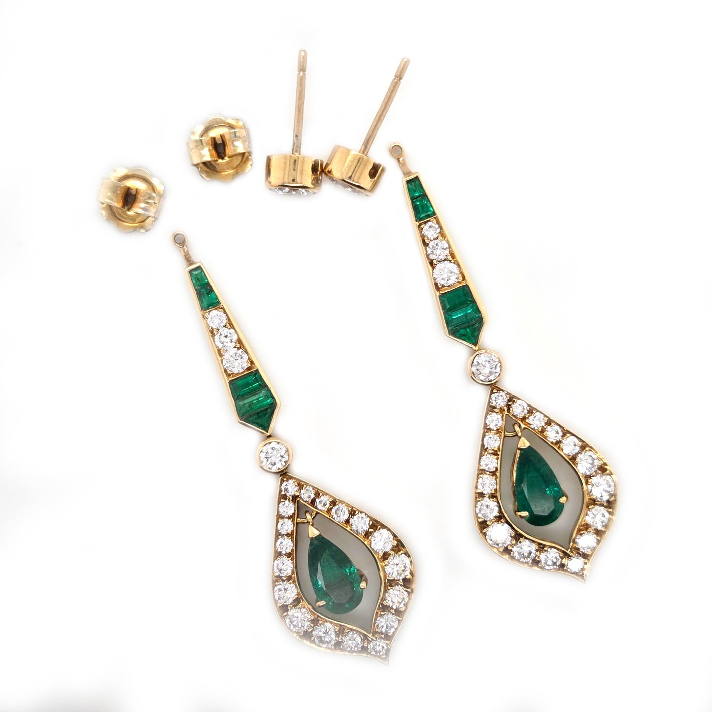Vintage Pear Cut Emerald and 2cts Diamond Cluster Drop Earrings, Detachable Studs