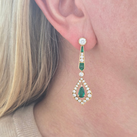 Vintage Pear Cut Emerald and 2cts Diamond Cluster Drop Earrings, Detachable Studs
