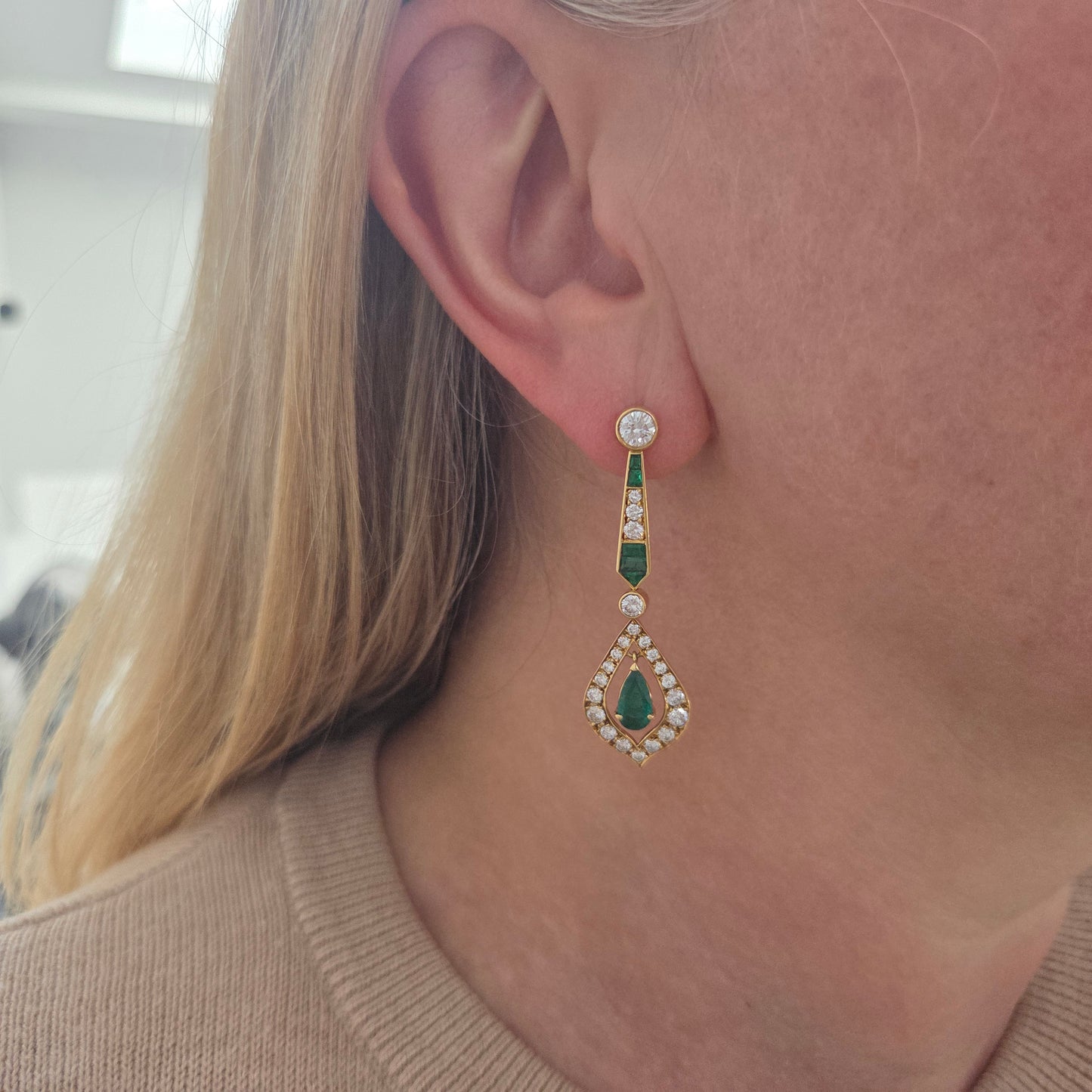Vintage Pear Cut Emerald and 2cts Diamond Cluster Drop Earrings, Detachable Studs