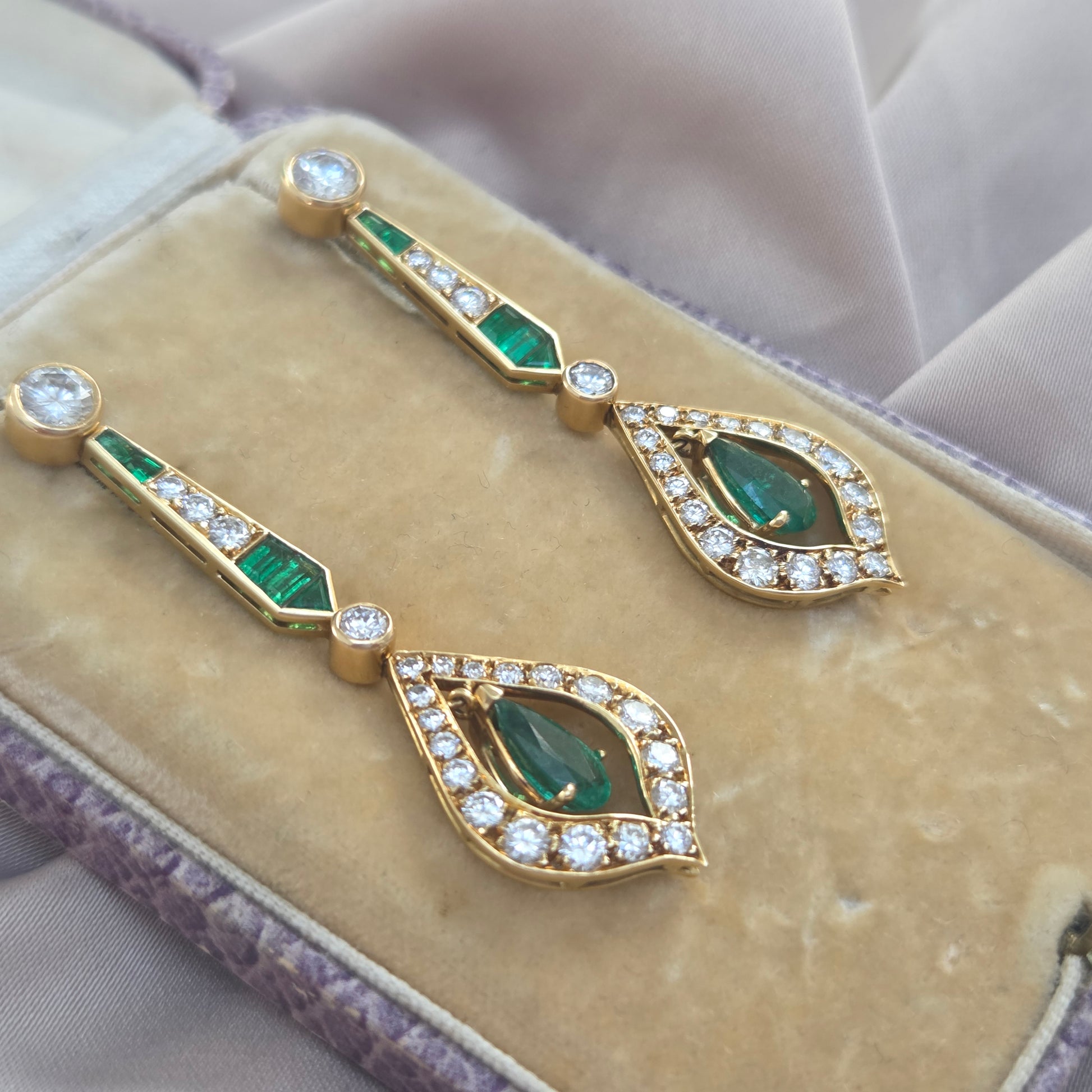 Vintage Pear Cut Emerald and 2cts Diamond Cluster Drop Earrings, Detachable Studs
