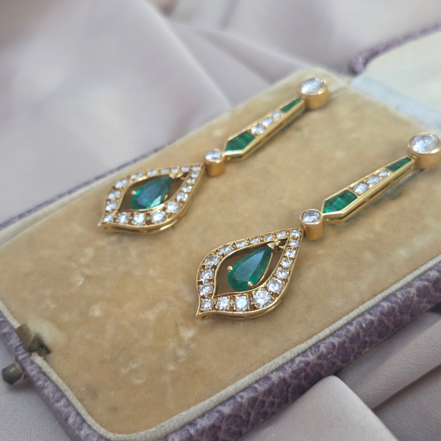 Vintage Pear Cut Emerald and 2cts Diamond Cluster Drop Earrings, Detachable Studs