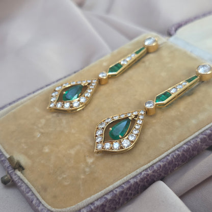 Vintage Pear Cut Emerald and 2cts Diamond Cluster Drop Earrings, Detachable Studs