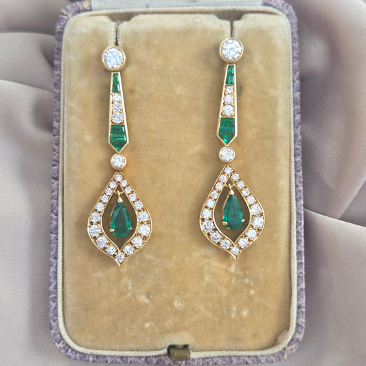 Vintage Pear Cut Emerald and 2cts Diamond Cluster Drop Earrings, Detachable Studs