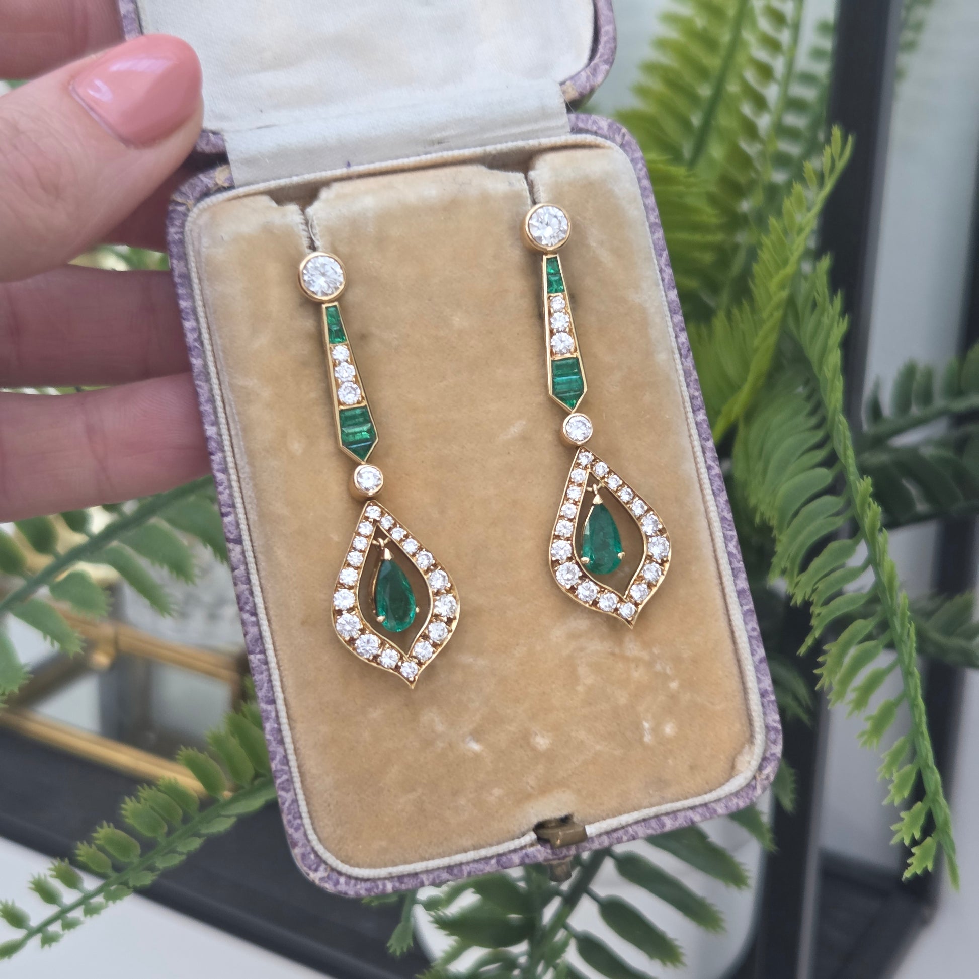 Vintage Pear Cut Emerald and 2cts Diamond Cluster Drop Earrings, Detachable Studs
