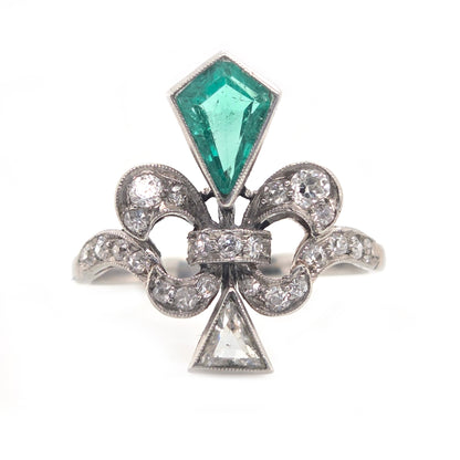 Belle Epoque Emerald and Diamond Fleur de Lis Ring