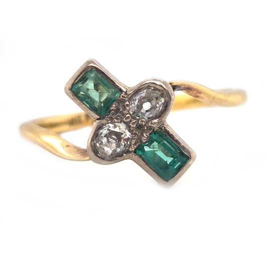 Edwardian Antique Emerald and Old Cut Diamond Toi et Moi Ring