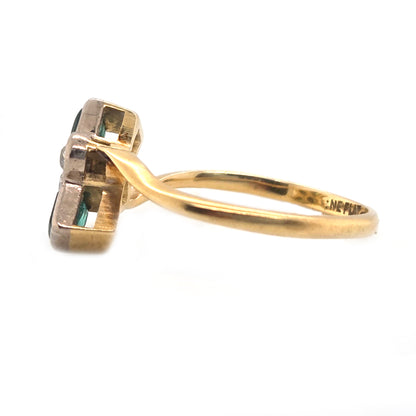 Edwardian Antique Emerald and Old Cut Diamond Toi et Moi Ring