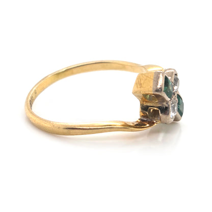 Edwardian Antique Emerald and Old Cut Diamond Toi et Moi Ring