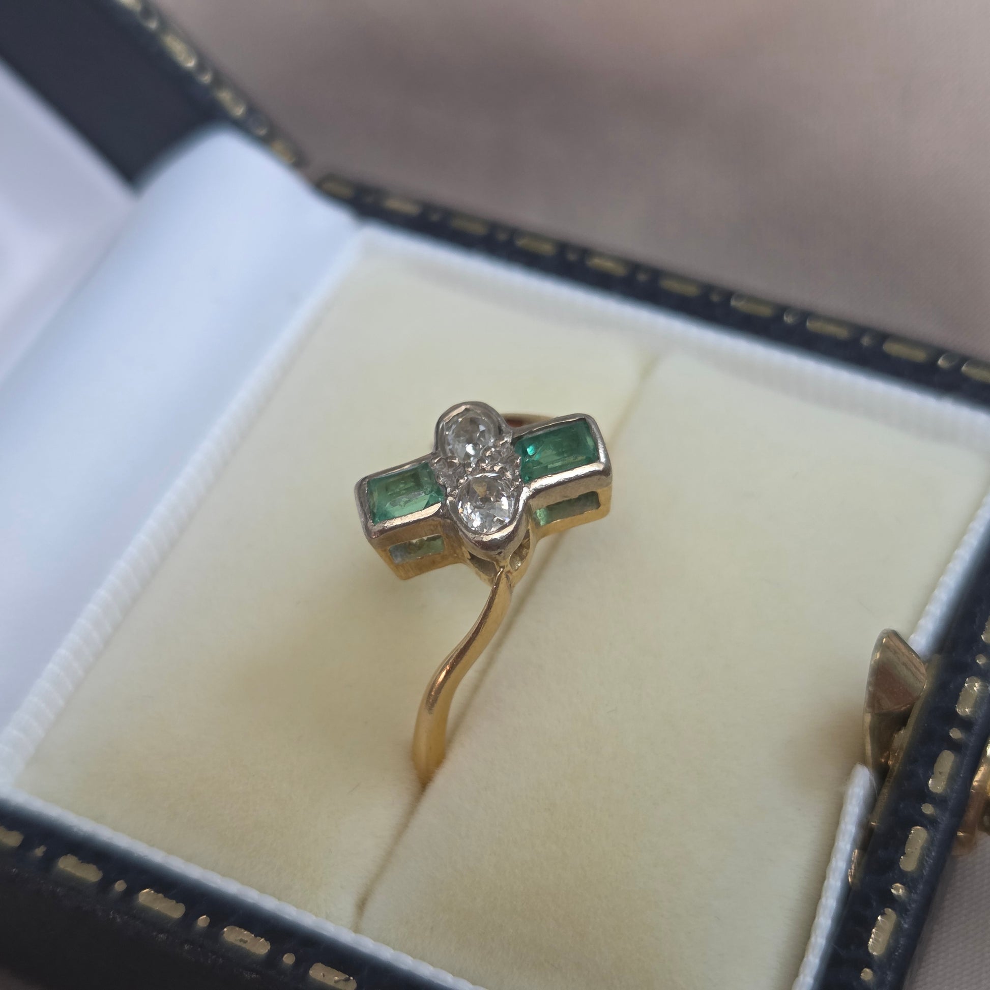 Edwardian Antique Emerald and Old Cut Diamond Toi et Moi Ring