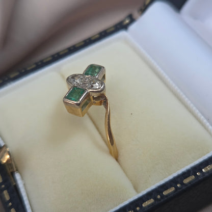 Edwardian Antique Emerald and Old Cut Diamond Toi et Moi Ring