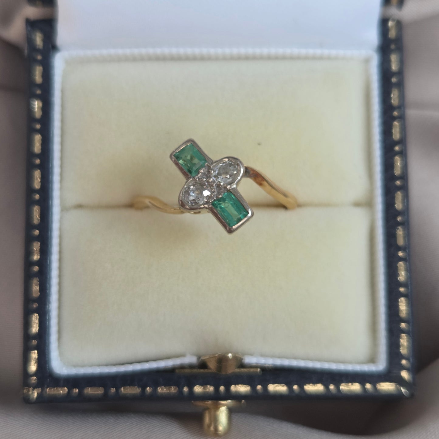 Edwardian Antique Emerald and Old Cut Diamond Toi et Moi Ring
