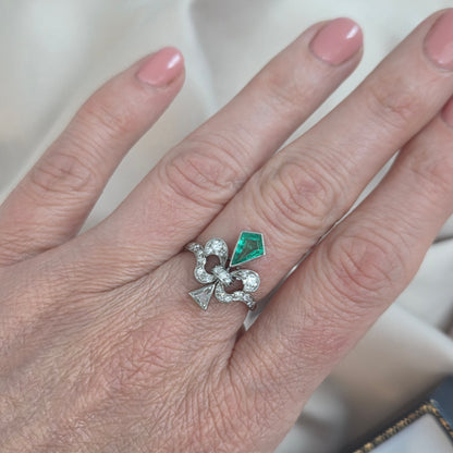 Belle Epoque Emerald and Diamond Fleur de Lis Ring