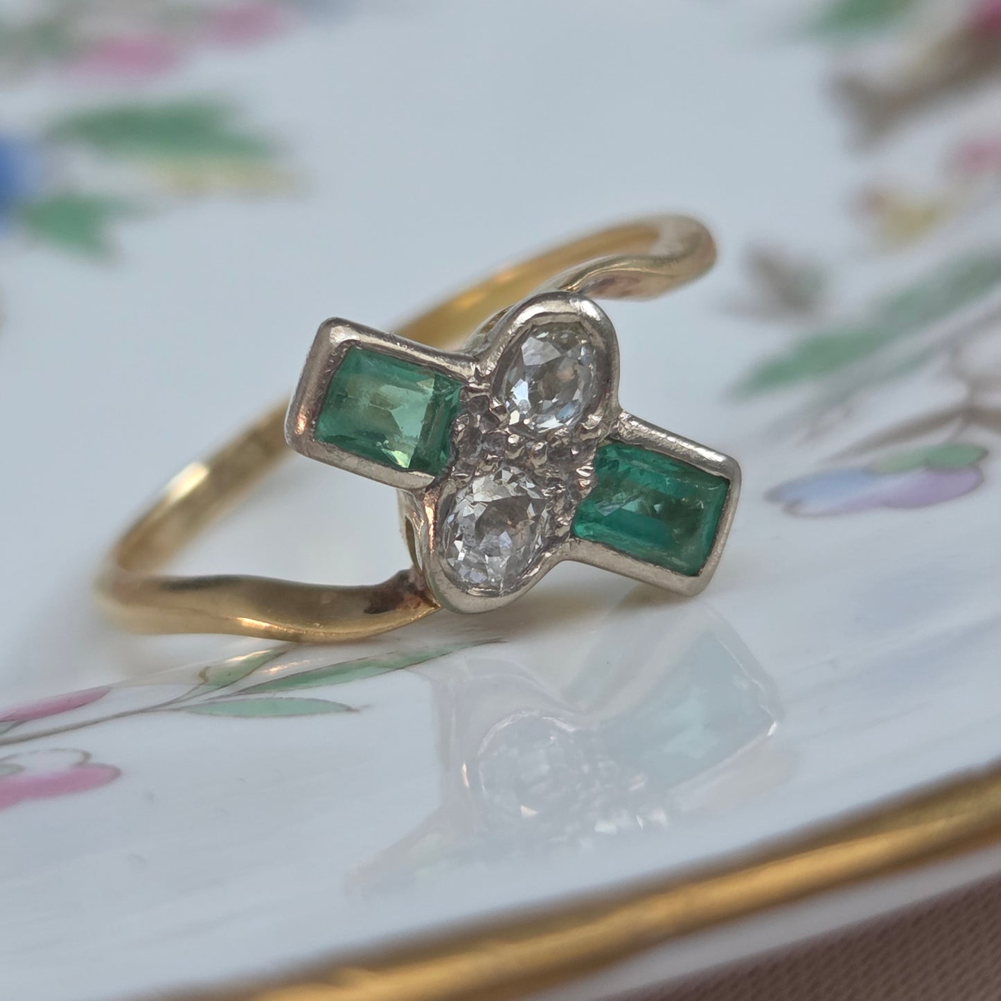 Edwardian Antique Emerald and Old Cut Diamond Toi et Moi Ring