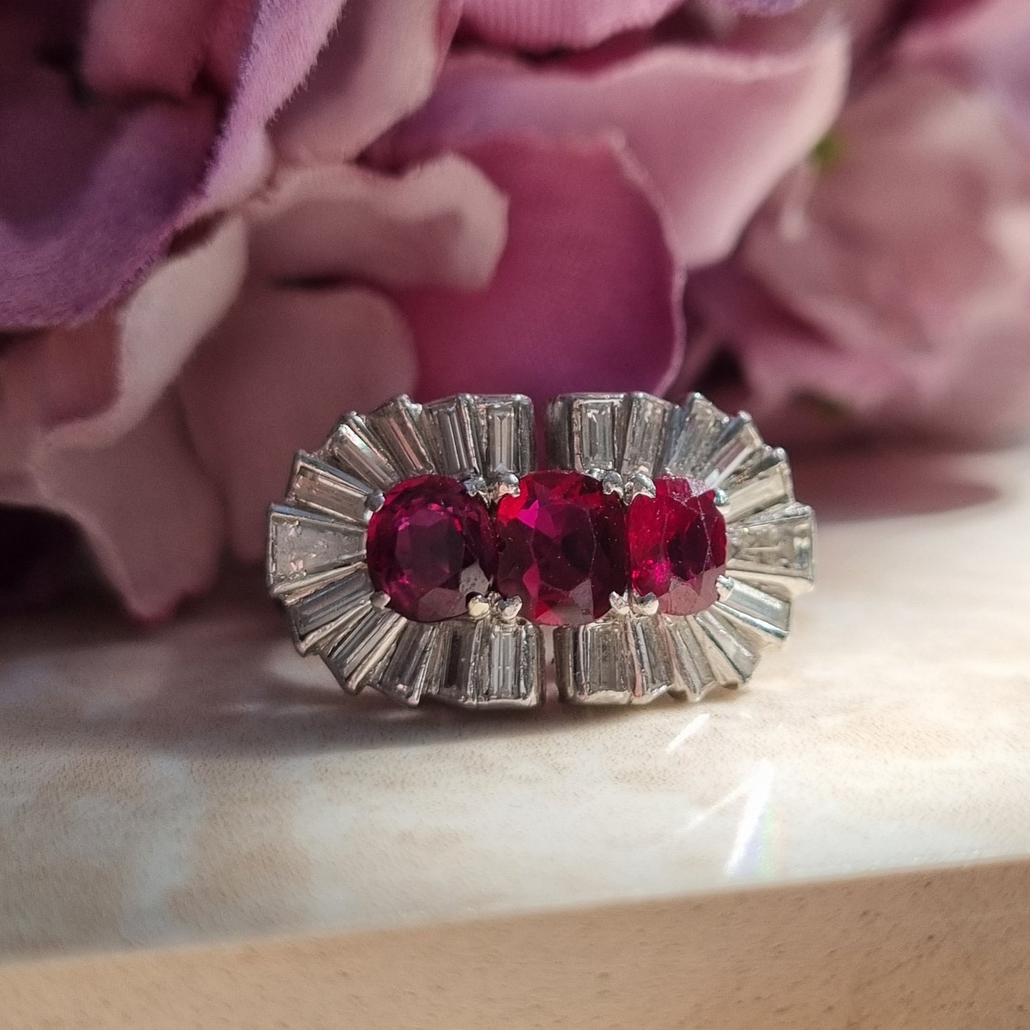 Vintage 1940s Ruby and Baguette Diamond Cocktail Ring