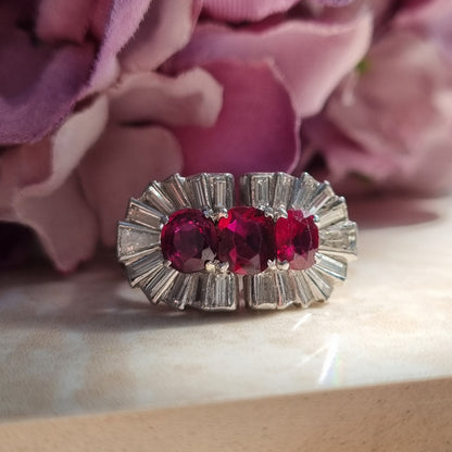 Vintage 1940s Ruby and Baguette Diamond Cocktail Ring