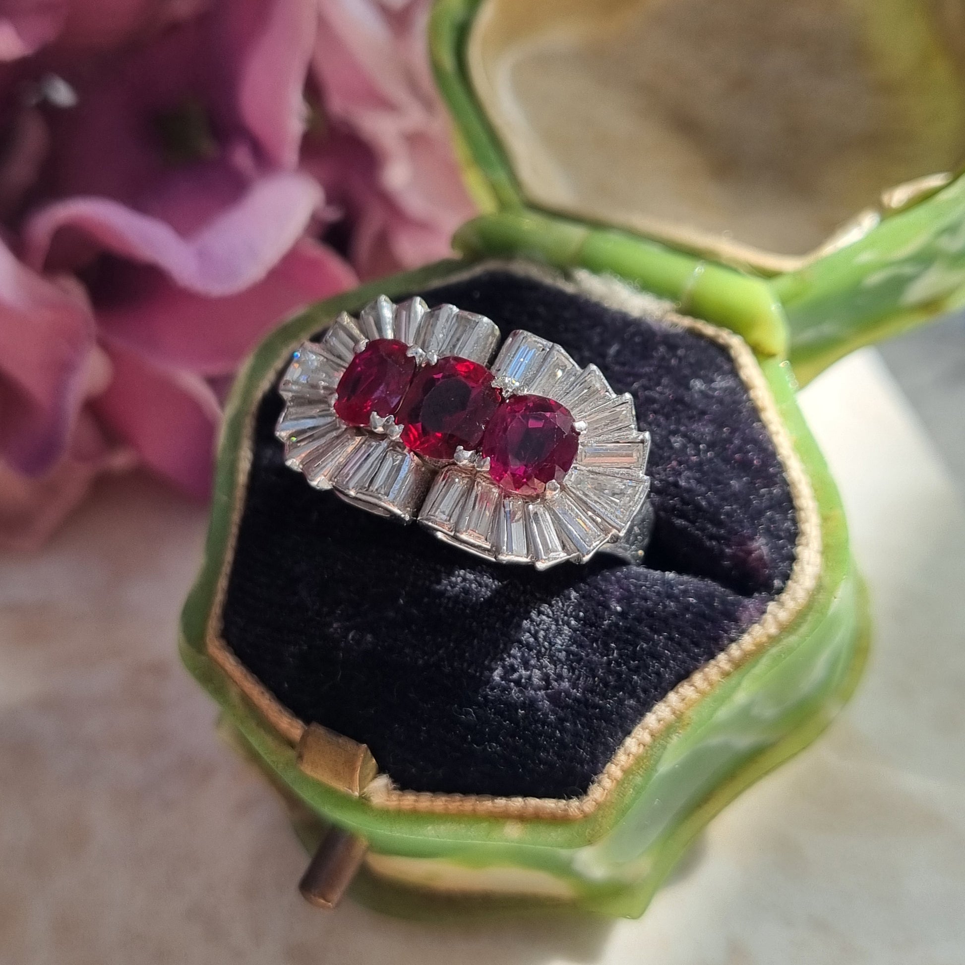 Vintage 1940s Ruby and Baguette Diamond Cocktail Ring