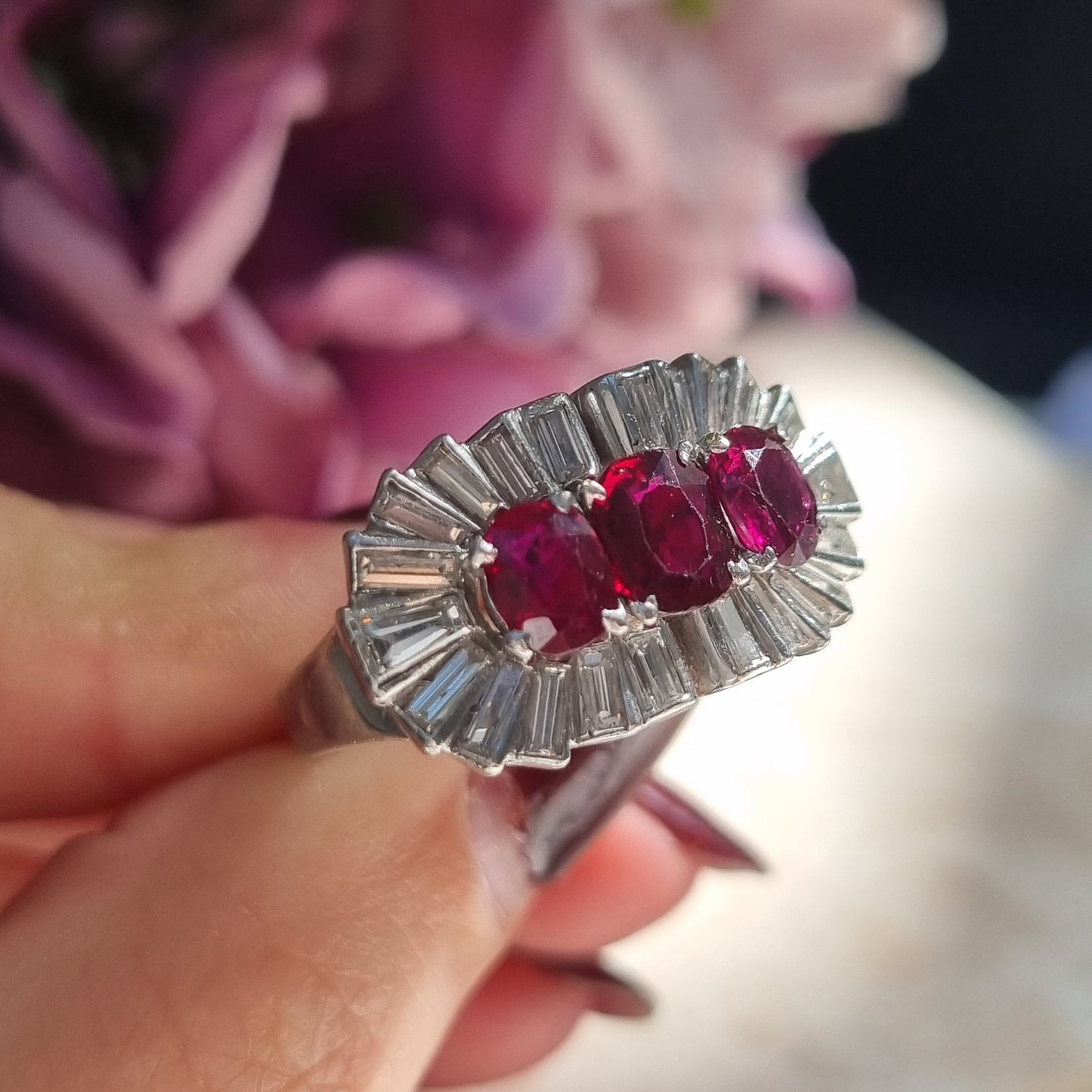 Vintage 1940s Ruby and Baguette Diamond Cocktail Ring