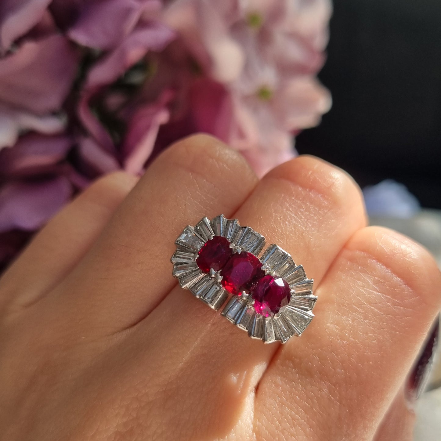 Vintage 1940s Ruby and Baguette Diamond Cocktail Ring