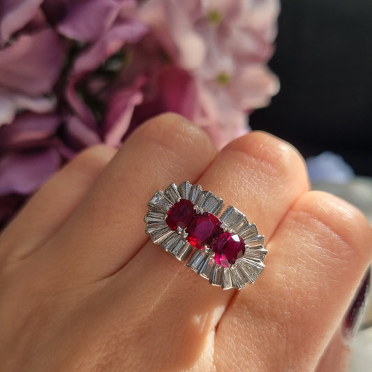 Vintage 1940s Ruby and Baguette Diamond Cocktail Ring
