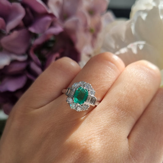 Emerald and Baguette Diamond Cluster Engagement Ring