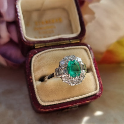 Emerald and Baguette Diamond Cluster Engagement Ring