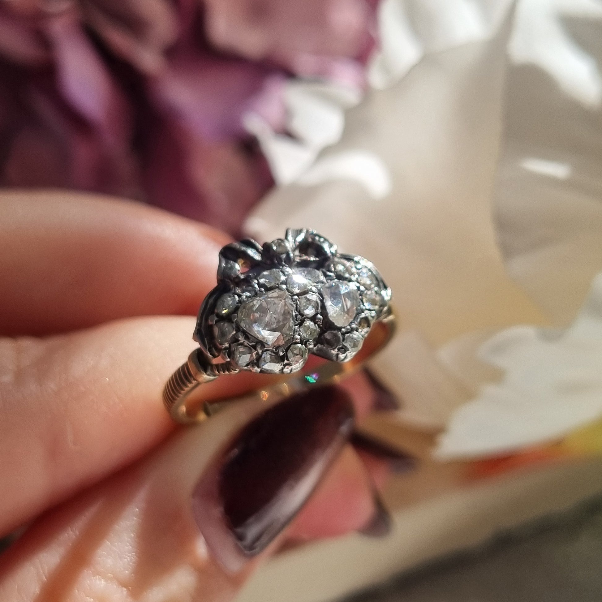 Antique Rose Cut Diamond Double Heart and Bow Ring
