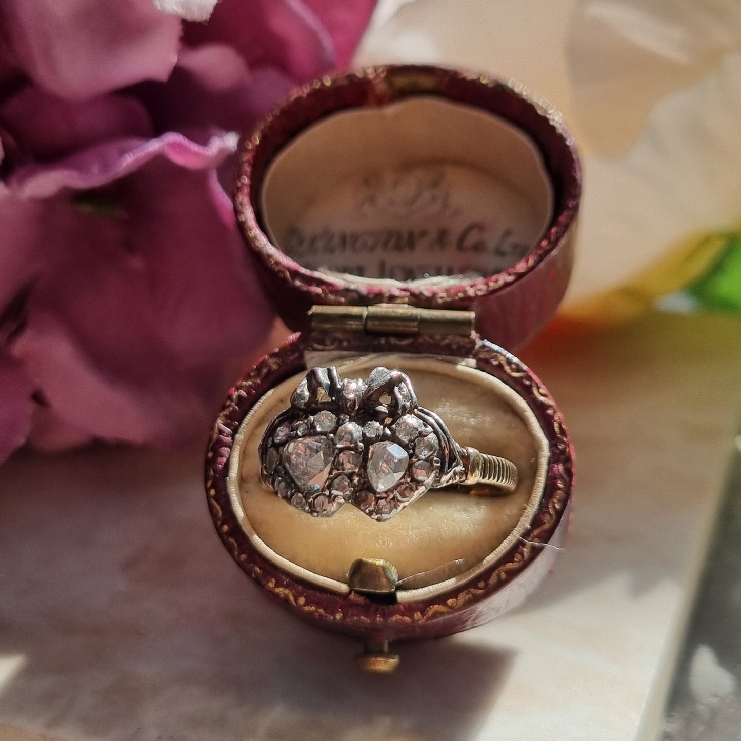 Antique Rose Cut Diamond Double Heart and Bow Ring