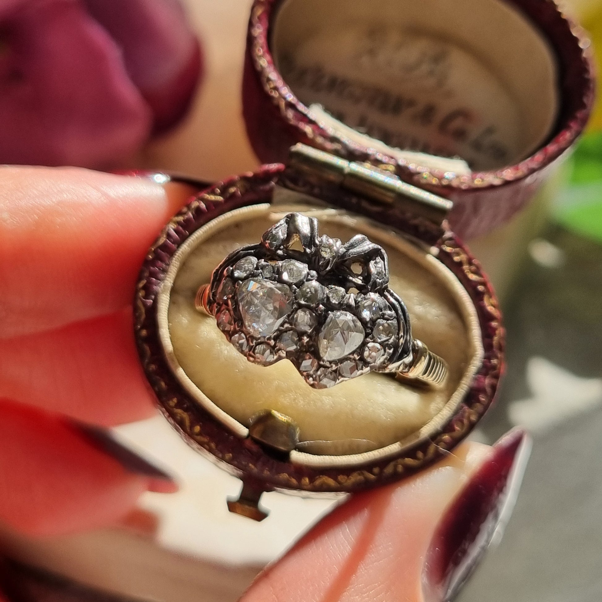 antique rose cut diamond double heart bow ring Victorian Circa 1880 Dutch