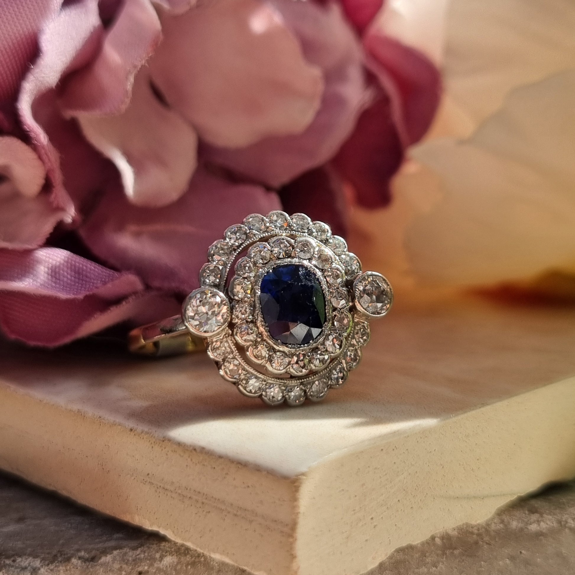 Antique French Sapphire and Diamond Double Cluster Ring